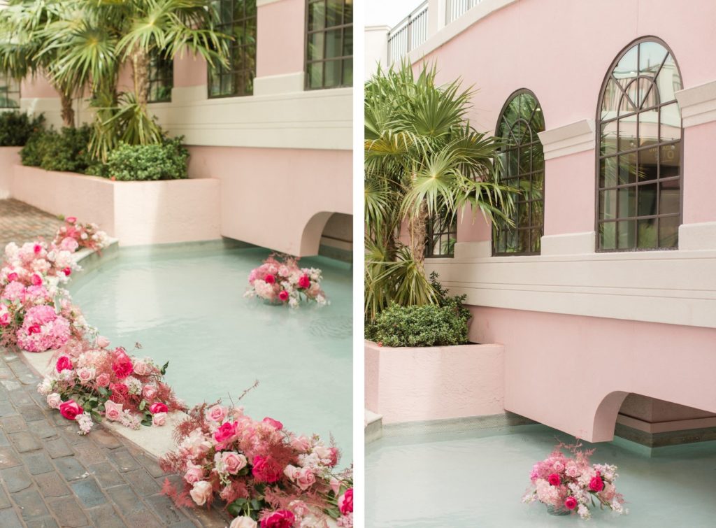 Elegant Wedding Decor, Water Moat with Lush Floral Arrangements, Hot Pink and Blush Pink Roses | St. Pete Wedding Venue The Vinoy Renaissance