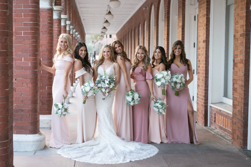 Elegant Bridesmaids Wearing Mix and Match Gowns | Bridesmaids Wedding Ombre Pink and Mauve Dresses with White Bouquets | Carrie Wildes Photography