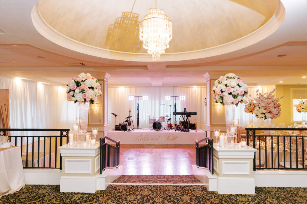 Luxurious Clearwater Ballroom Wedding Reception and Decor, Large Floral Centerpieces with Cherry Blossoms, White Hydrangeas, Pink Roses, Ivory Roses, Cocktail Hour Band, Belleair Country Club | Florida Wedding Planner Parties A'La Carte | Tampa Bay Wedding Florist Clearwater
