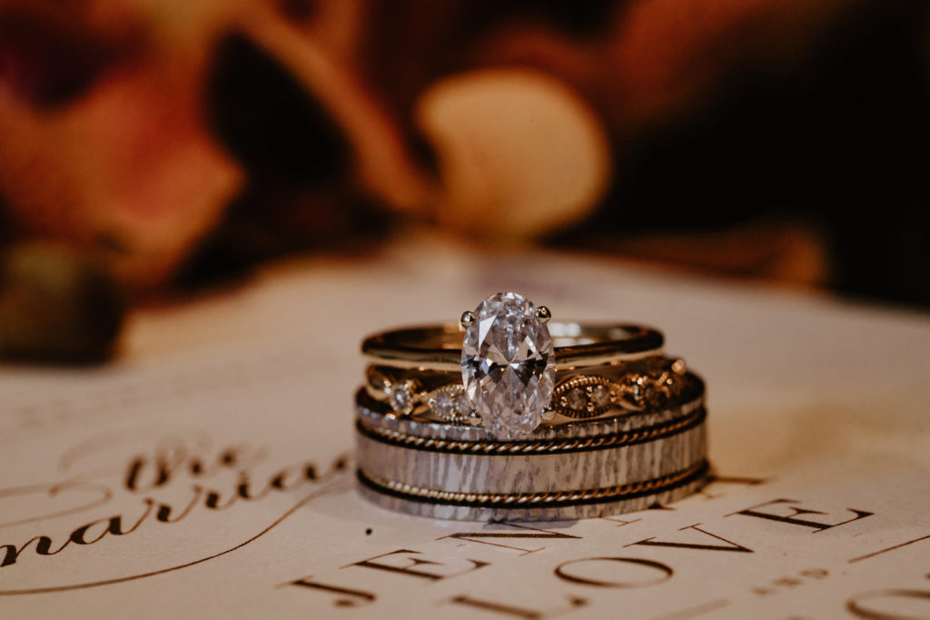 Oval Diamond Engagement Ring, Infinity Bride Wedding Band, Groom Wedding Ring on Wedding Invitation