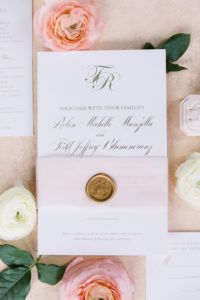 Elegant Florida Wedding Stationery and Invitation Suite, Ivory Paper with Gold Script and Wax Seal, The Mrs Box Bevel Double Velvet Ring Holder in Blush Pink | Tampa Bay Wedding Planner Parties A’ La Carte | Clearwater Florist Bruce Wayne Florals