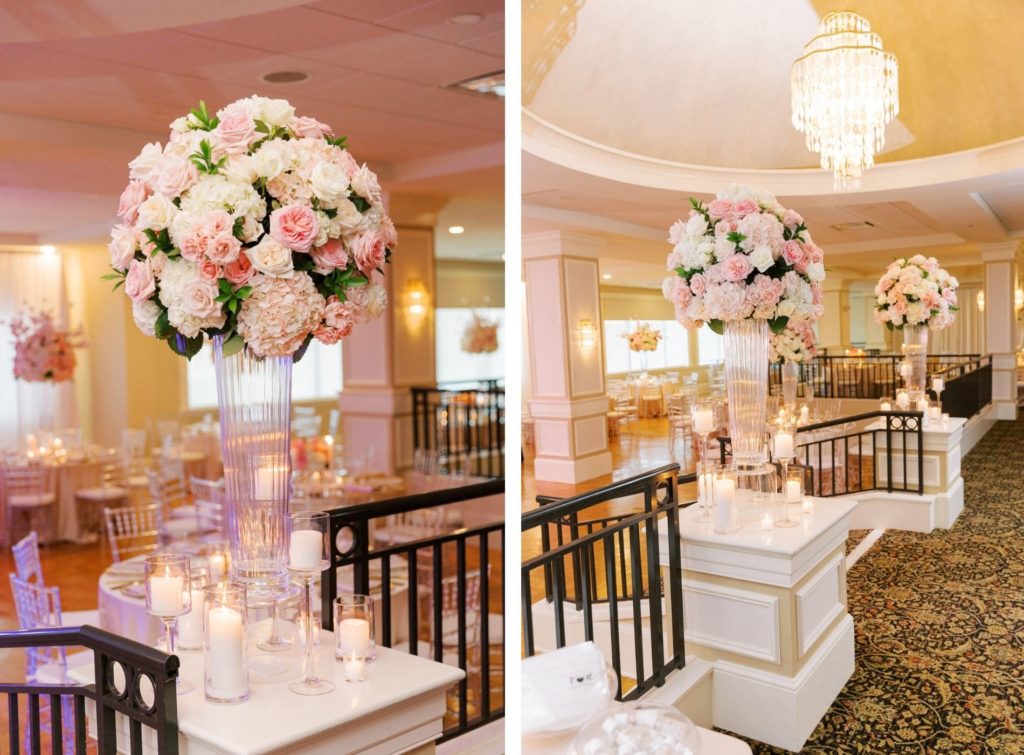 Luxurious Clearwater Ballroom Wedding Reception and Decor, Large Floral Centerpieces with Cherry Blossoms, White Hydrangeas, Pink Roses, Ivory Roses, Candlelight, Ghost Chiavari Chairs, Cocktail Hour Band, Belleair Country Club | Florida Wedding Planner Parties A'La Carte | Tampa Bay Wedding Florist Clearwater | Rentals A Chair Affair