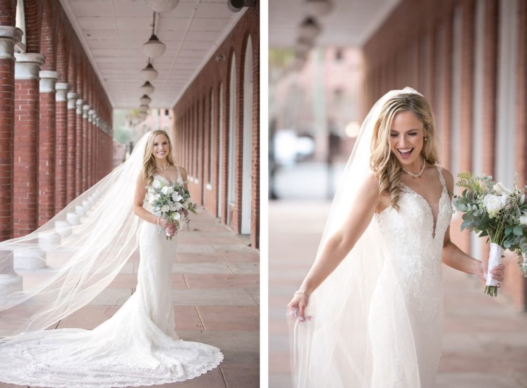 Bride in Lace Wedding Gown and Veil | Sexy Deep Cut Wedding Dress | Wtoo By Watters | Carrie Wildes Photography