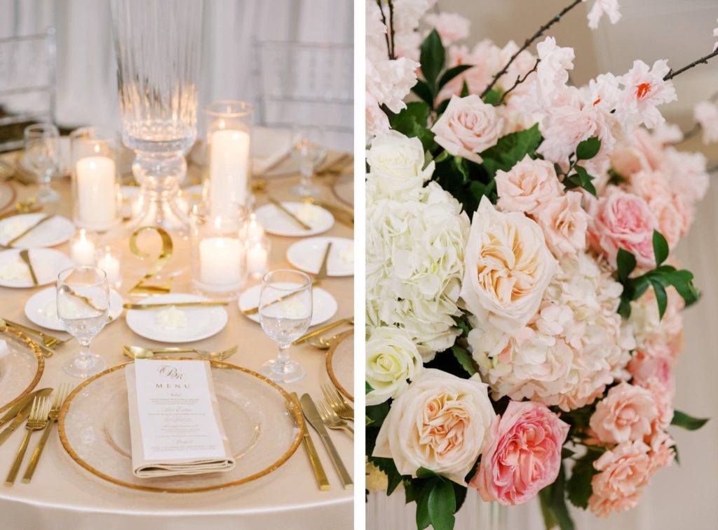 Classic Wedding Reception Decor, Champagne Linen, Crystal Chargers with Gold Rimming, Gold Luxury Flatware, White Hydrangeas, Ivory Roses, Pink Cherry Blossoms | A Chair Affair | Tampa Bay Wedding Planner Parties A'La Carte | Florida Wedding Florist Bruce Wayne Florals | Over The Top Linen Rentals