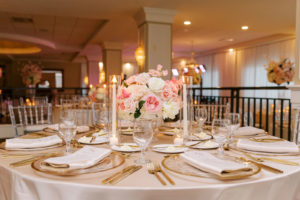 Classic Wedding Reception Decor, Champagne Linen, Low Floral Centerpieces, Crystal Chargers with Gold Rimming, Gold Luxury Flatware, White Hydrangeas, Ivory Roses, Pink Cherry Blossoms | A Chair Affair | Tampa Bay Wedding Planner Parties A'La Carte | Florida Wedding Florist Bruce Wayne Florals | Over The Top Linen Rentals | Belleair Country Club