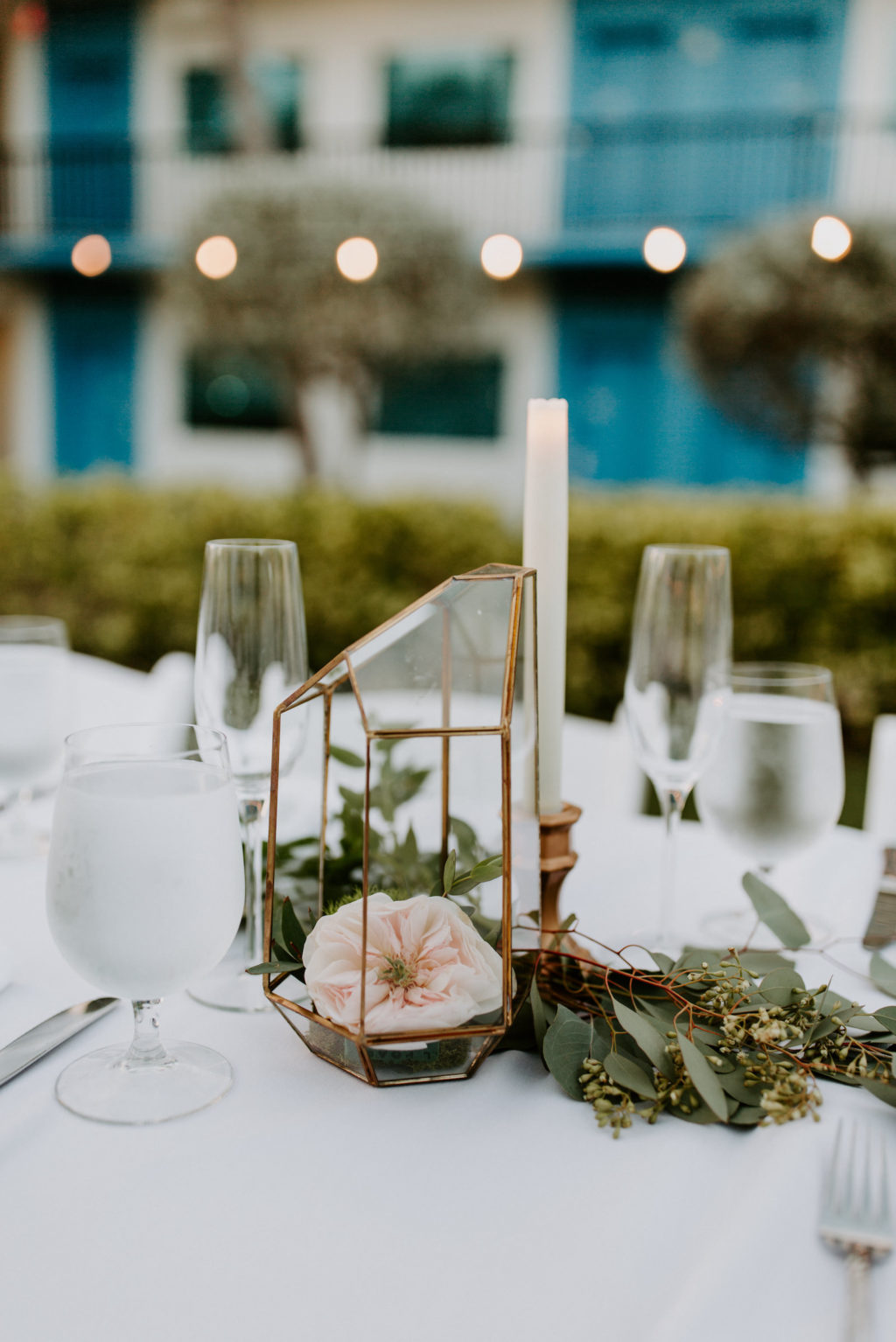 Garden Wedding Reception Decor, Gold Geometric Candle Holder with Greenery