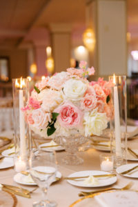 Classic Wedding Reception Decor, Champagne Linen, Low Floral Centerpieces, Crystal Chargers with Gold Rimming, Gold Luxury Flatware, White Hydrangeas, Ivory Roses, Pink Cherry Blossoms | A Chair Affair | Tampa Bay Wedding Planner Parties A'La Carte | Florida Wedding Florist Bruce Wayne Florals | Over The Top Linen Rentals | Belleair Country Club