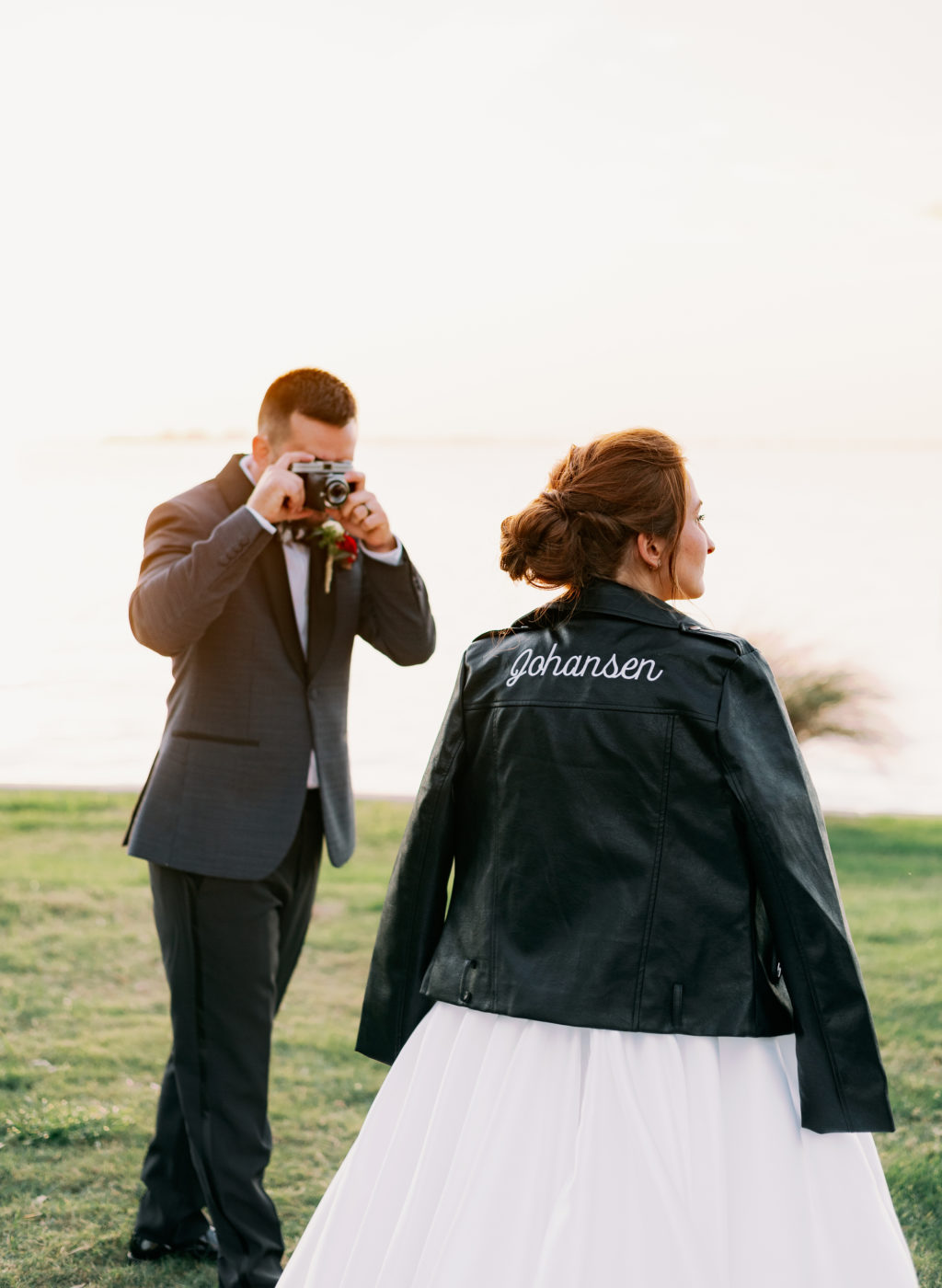 Bride and Groom Portrait with Personalized Custom Leather Jacket | Tampa Bay Wedding Photographer Dewitt for Love Photography | Sarasota Wedding Venue Powel Crosley Estate