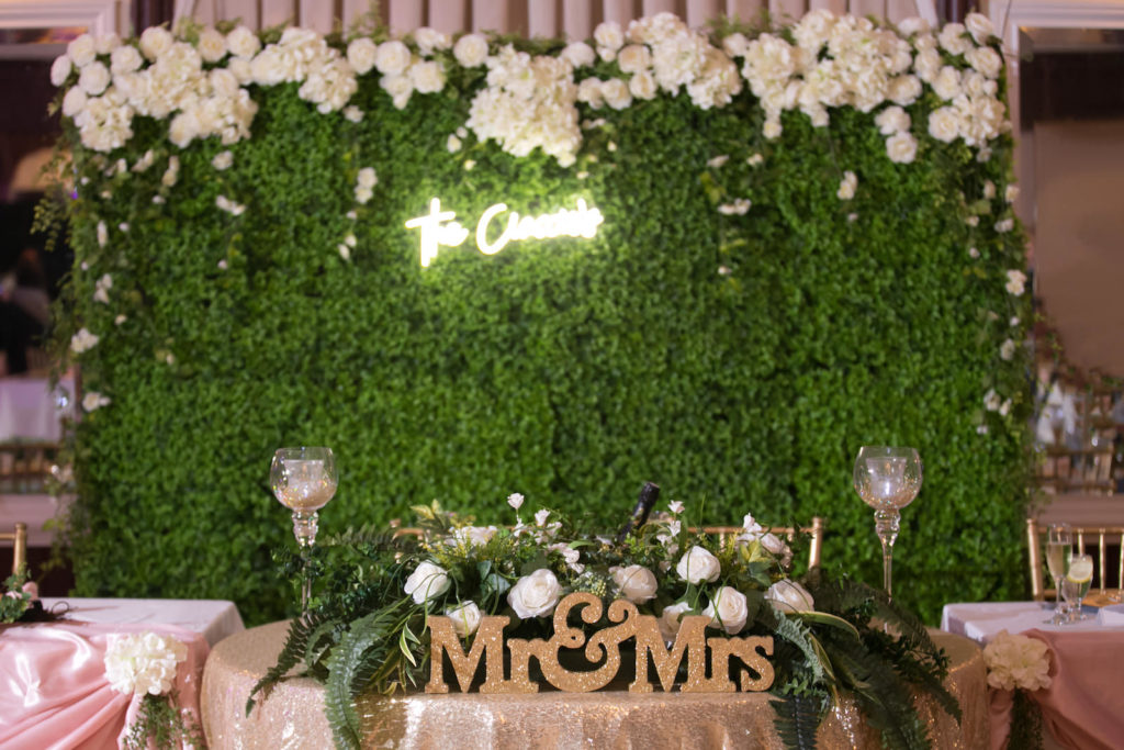 Greenery Wedding Backdrop with Neon Sign and Floral Detail | Wedding Décor