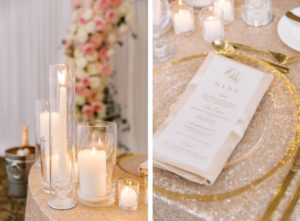 Modern Elegant Wedding Reception Table Decor, Gold Sequenced Linens, White Candles, Clear Acrylic Chargers with Gold Foil Edging and Gold Flatware, Champagne Linens, Ivory and Gold Letterpress Menu | Tampa Bay Wedding Planner Parties A'La Carte | Florida Wedding Rentals Over The Top Linen Rentals | A Chair Affair