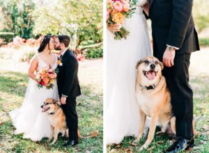 Garden Bride in Plunging V Neckline Lace Tule A-Line Wedding Dress Holding Vibrant Colorful Pink, Orange and Greenery Floral Bouquet Kissing Groom with Dog | Tampa Bay Wedding Florist Monarch Events and Design