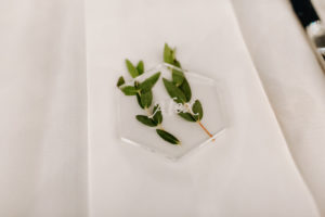 Garden Wedding Reception Decor, Unique Clear Acrylic with Green Leaf Name Place Card Signage