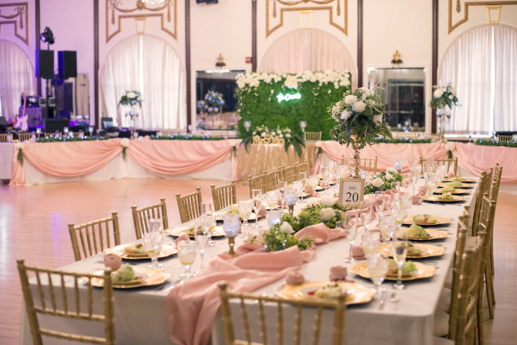 Wedding Reception Table Setting with Blush Table Cloth | Wedding Reception Tablescapes