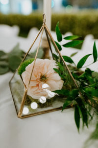 Garden Wedding Reception Decor, Geometric Gold Pyrimid with Single Blush Pink Rose