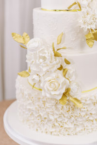 Modern Elegant White Four Tier Wedding Cake with Sugar Roses and Gold Foil Leafs | Florida Wedding Planner Parties A'La Carte