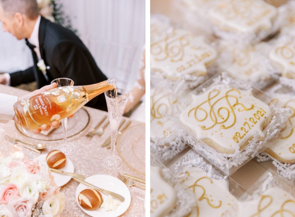 Modern Elegant Wedding Reception Decor Details, Pouring Perrier Jouet Belle Epoque Rose Champagne, Custom Decorated Iced Cookie Guest Take Home Favor with Monogram and Wedding Date 02.27.2021 | Florida Wedding Planner Parties A'La Carte