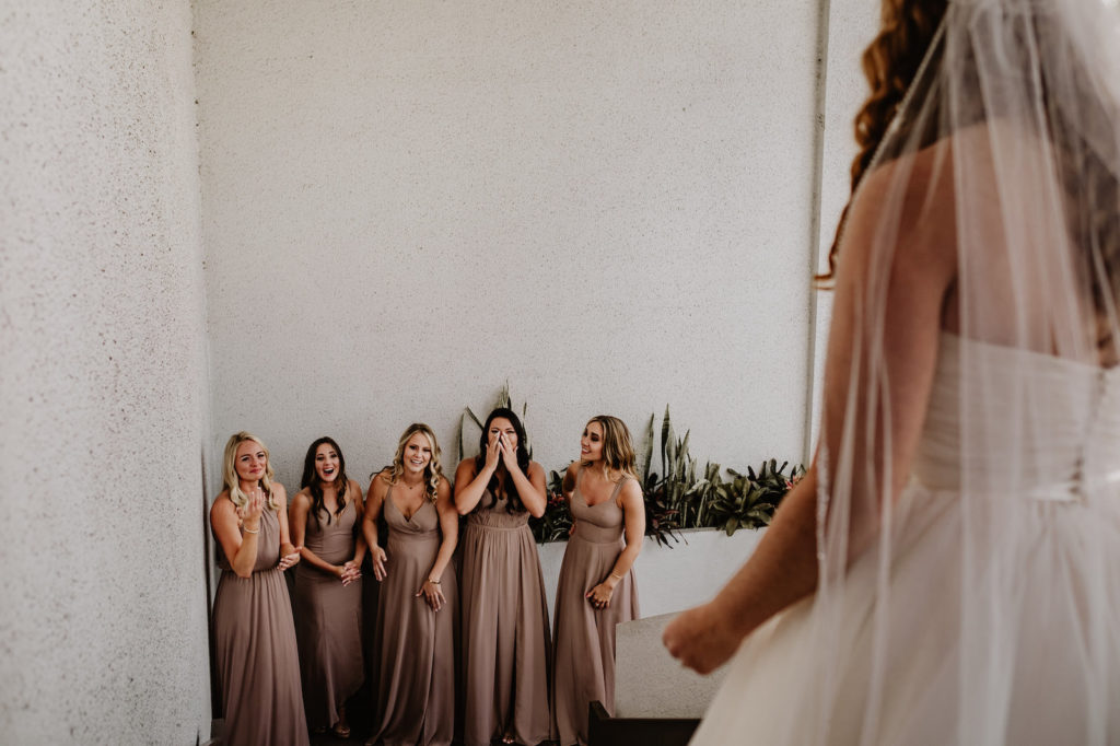 Bride First Look with Bridesmaids Wearing Mix and Match Beige Dresses