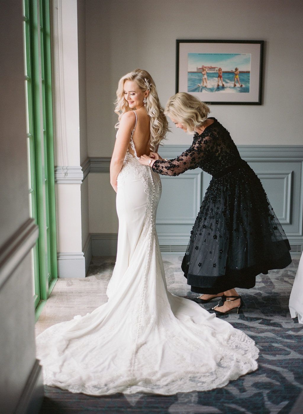 Tampa Bride Getting Wedding Ready with Mom in Open Back Wedding Dress | Tampa Bay Wedding Hair and Makeup Femme Akoi Beauty Studio