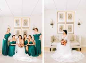 Florida Bride Sitting on Couch Holding Vibrant Colorful Pink and Orange Floral Bouquet with Bridesmaids in Mix and Match Emerald Green Dresses | Tampa Bay Wedding Florist Monarch Events and Design | Wedding Venue Tampa Garden Club