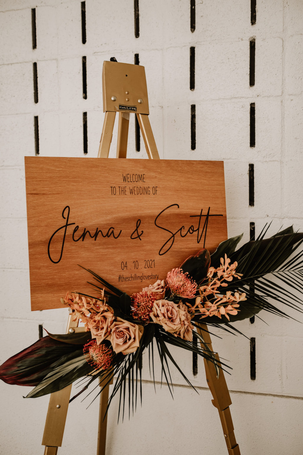 Tropical Elegant Wedding Ceremony Decor, Wooden Welcome Sign, Palm Fronds and Leaves, Pin Cushion Flower, Dusty Rose Roses | Tampa Bay Wedding Florist Iza's Flowers