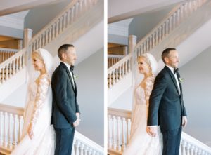 Tampa Bay Bride and Groom First Touch inside Belleview Inn, Bride Wearing Adam Zhoar A Line Wedding Dress with Illusion Lace Sleeves, Galia Lahav Veil with Bridal Tiara, Groom Wearing Classic Black Tux by Giorgio Armani | Florida Wedding Boutique Isabel O'Neil Bridal Collection
