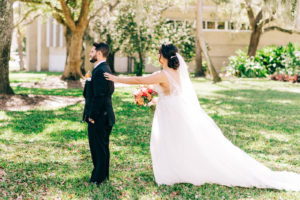 Florida Bride and Groom First Look Outdoor Photo | Wedding Venue Tampa Garden Club
