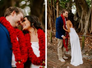 Florida Bride and Groom in Red Floral Tropical Leis, Bride Wearing White Show Me Your MuMu Wedding Dress in St. Petersburg