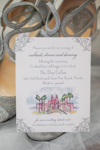 Florida Beach Wedding Invitation with Watercolor Painting of Historic Venue The Don CeSar, Jimmy Choo Bridal Shoes with Silver Straps Open Toe | Tampa Bay Wedding Photographer Limelight Photography