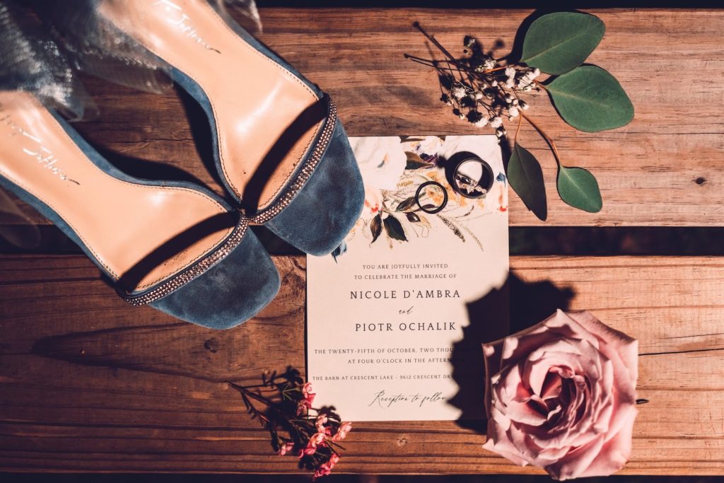Romantic Floral Wedding Invitation, Dusty Blue Open Sandal with Rhinestone Strap Bridal Wedding Shoes | Tampa Bay Wedding Photographer Bonnie Newman Creative