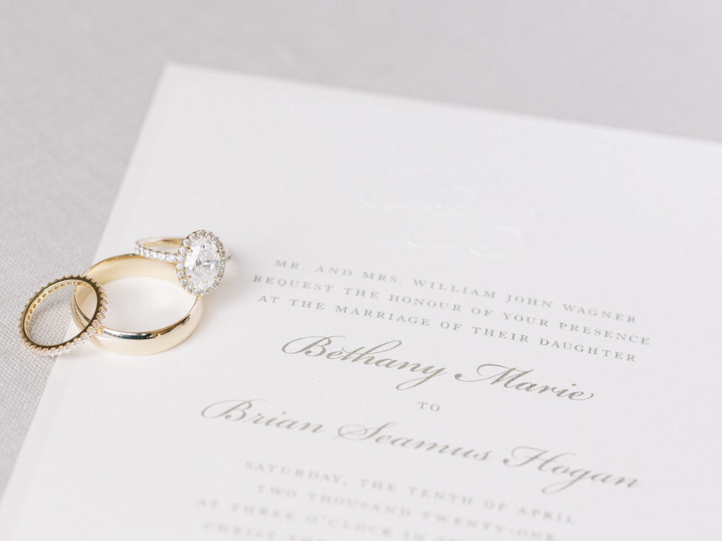 Classic White Wedding Invitation, Oval Diamond Engagement Ring with Halo, Yellow Gold and Diamond Bride Wedding Band, Solid Yellow Gold Groom Wedding Band