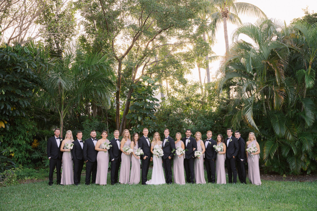 Classic Bride, Groom, Groomsmen, Bridesmaids in Earthy Taupe Matching Dresses Outdoor Portrait | Tampa Bay Wedding Venue The Gasparilla Inn and Club
