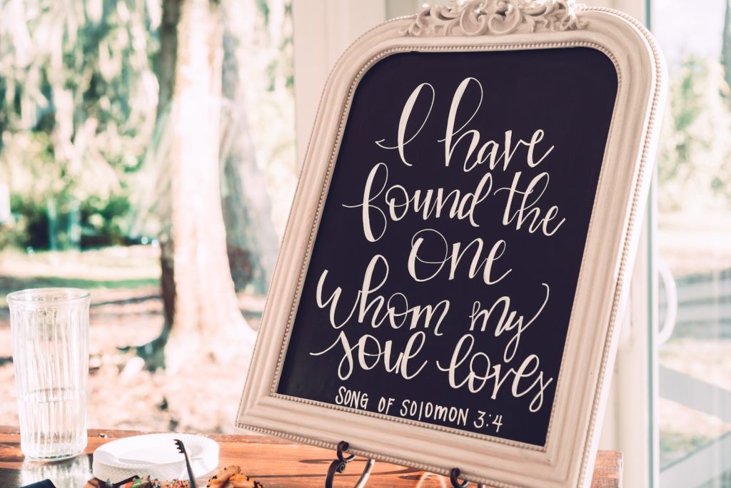 Vintage Wedding Ceremony Decor, White Framed Chalkboard "I Have Found the One Whom My Soul Loves" Bible Passage Sign | Tampa Bay Wedding Photographer Bonnie Newman Creative