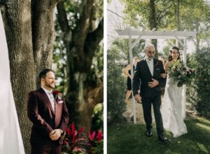 Groom Wearing Dark Red Wedding Suit Reaction to Watching Bride Walking Down the Wedding Ceremony Aisle, Bride and Father Walking Down the Wedding Ceremony Aisle Holding Garden Inspired Greenery Floral Bouquet | Tampa Bay Wedding Photographer Amber McWhorter Photography | Wedding Venue The Secret Garden at Paradise Spring