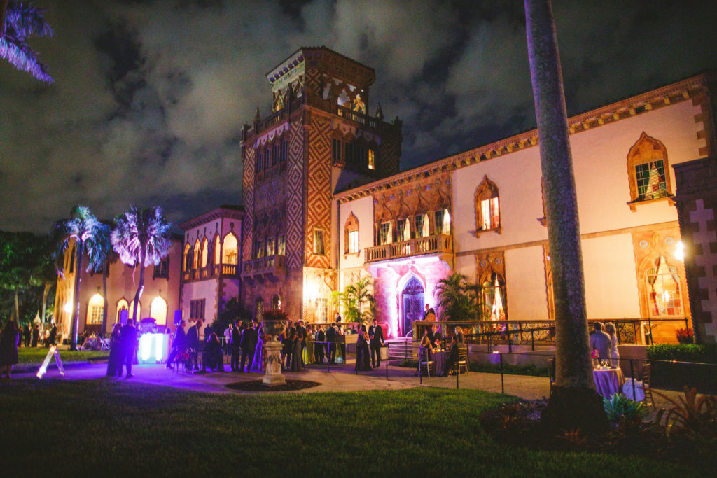 Outdoor Historic Mansion Ca'd'Zan Ringling Tampa Sarasota Wedding Garden Cocktail Hour with Palm Tree Uplighting