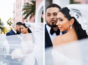 Florida Bride and Groom with Veil Flowing In Wind In Front of White Vintage Rolls Royce, Bride Wearing Rivini Fit and Flare Lace Wedding Dress, Holding Classic Round Bouquet with Ivory and Blush Pink Roses | Historic Tampa Bay Wedding Venue The Don CeSar | Florida Wedding Photographer Limelight Photography | St. Pete Beach Wedding Florist Iza's Flowers | South Tampa Bridal Boutique Isabel O'Neil Bridal Collection