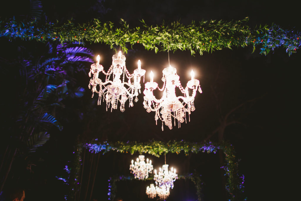 Wedding Greenery Overhead Arches with Suspended Crystal Chandeliers