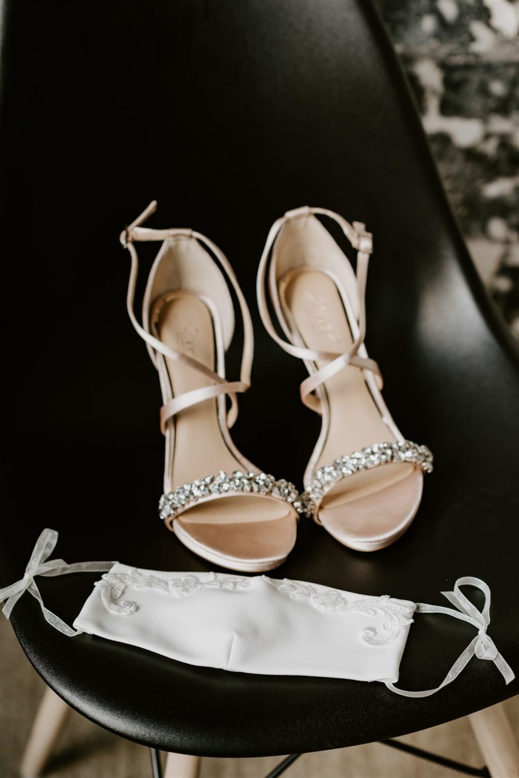 Champagne Satin Bridal Wedding Designer Shoes with Rhinestone Strap | COVID Wedding Embroidered Bridal Bridal Face Mask