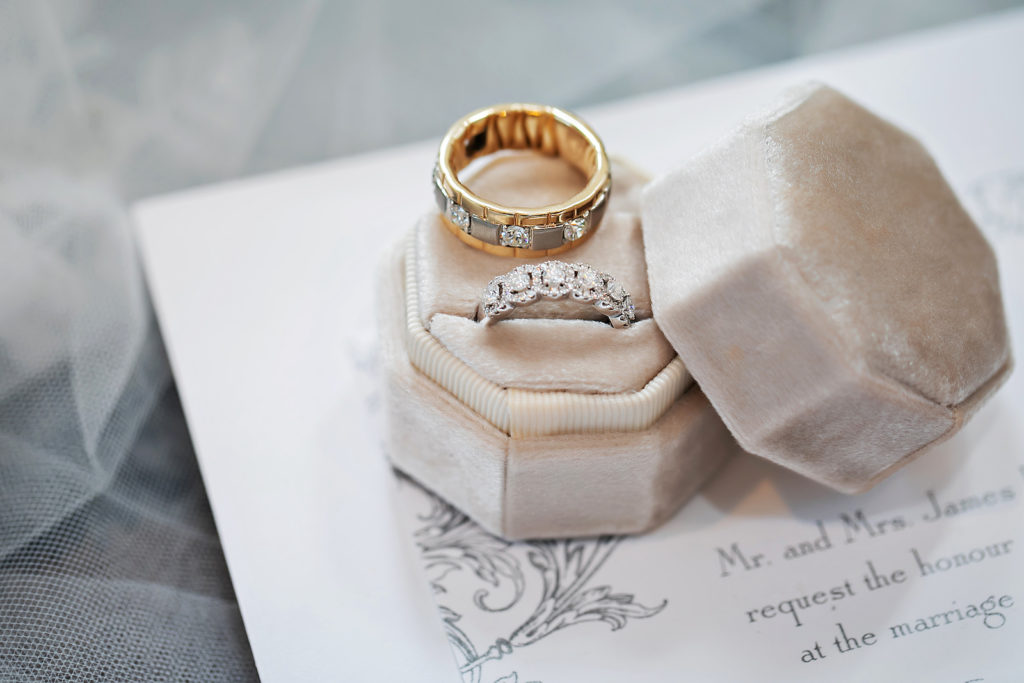 Wedding Bands, Two Toned Gold and Silver Diamond Wedding Band in The Mrs. Box The Copeland Bevel Ringbox | Florida Wedding Photography Limelight Photography
