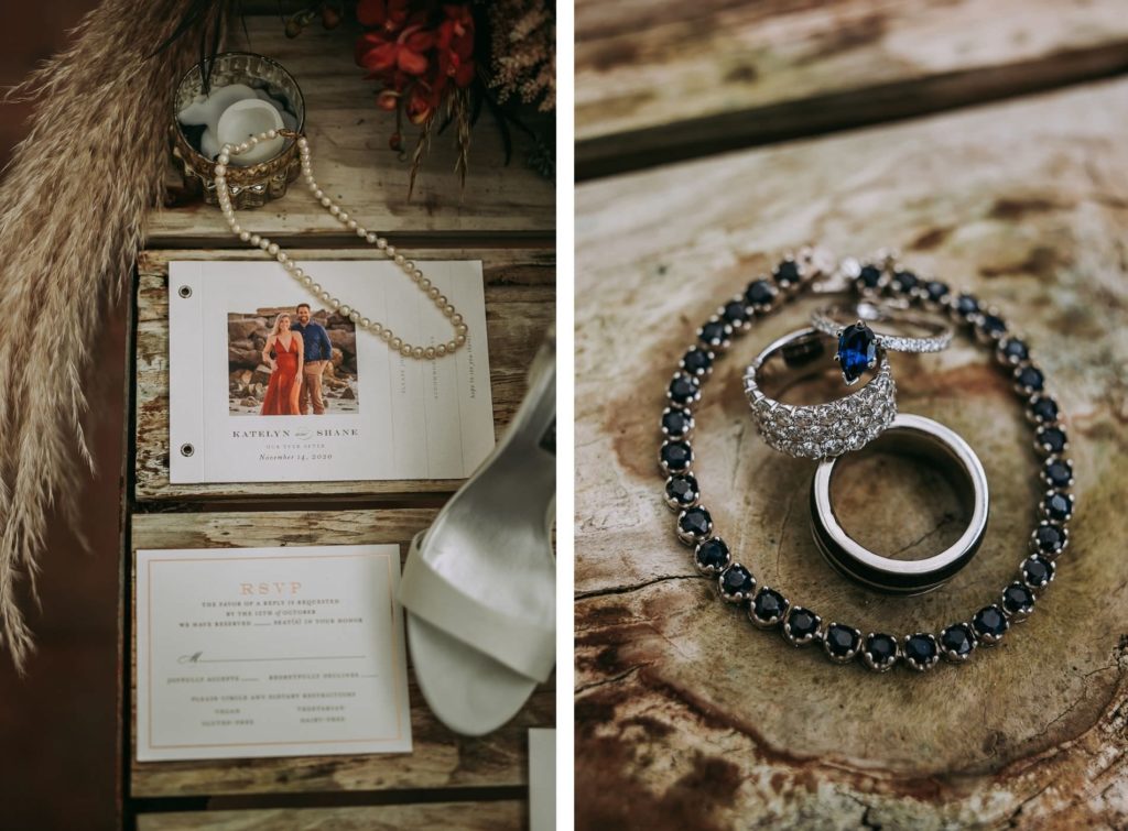 Rustic Wedding Accessories, Custom Photo Wedding Stationery, Blue Diamond Bracelet and Engagement Ring, Diamond Wedding Band