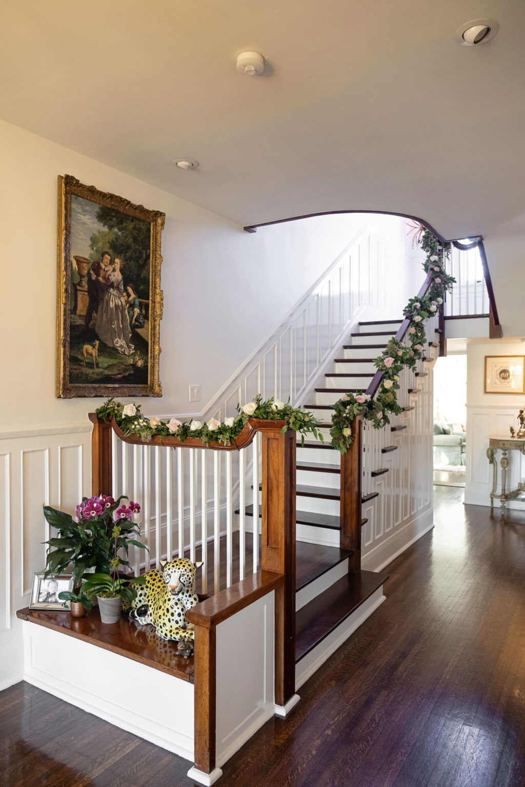 At-Home Wedding Staircase with Floral Garland | Intimate Private Residence Wedding Venue | South Tampa Wedding Florist Bride N Blooms Wholesale Design
