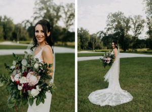 Dark and Moody Bride Holding Wilde Garden Floral Bouquet, Greenery, Eucalyptus, Blush Pink King Proteas, White and Dark Red Floral Bouquet Wearing Lace and Illusion Wedding Dress and Veil | Tampa Bay Wedding Photographer Amber McWhorter Photography | Wedding Venue Paradise Spring | Wedding Florist Brides & Blooms
