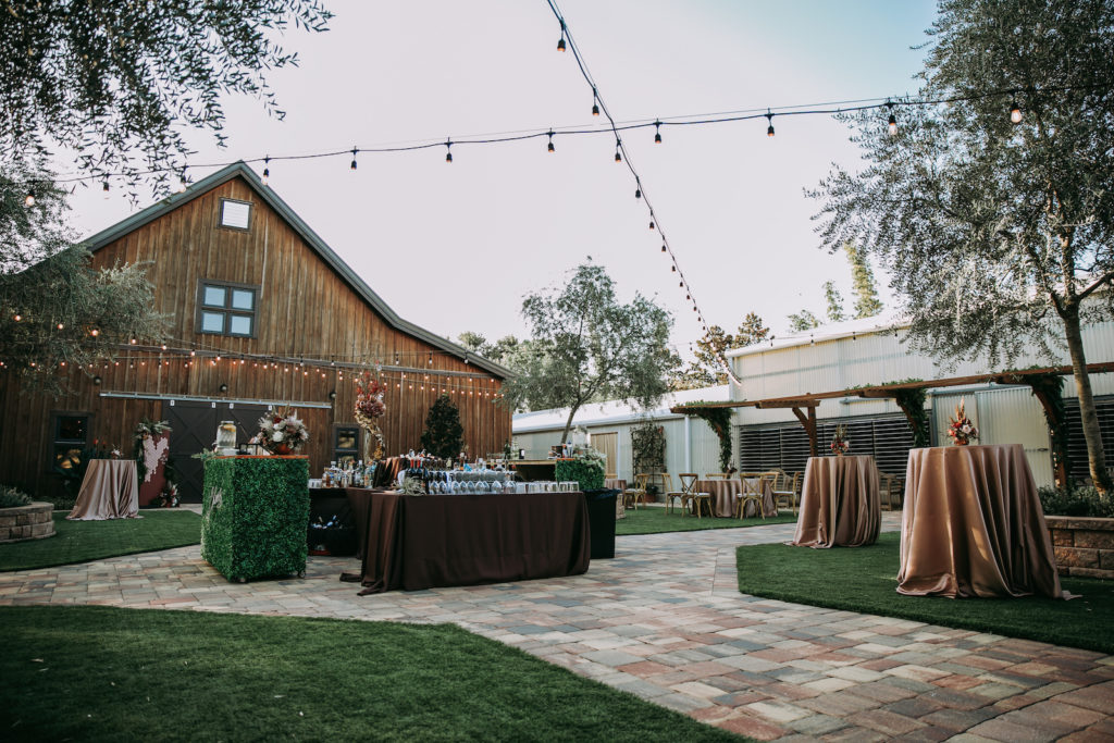 Outdoor Rustic Cocktail Hour, Wooden Barn, String Lights, Tall Cocktail Tables with Champagne/Gold Table Linens, Hedge Wall Bar | Tampa Barn Wedding Venue Mision Lago Estate | Mision Lago Ranch