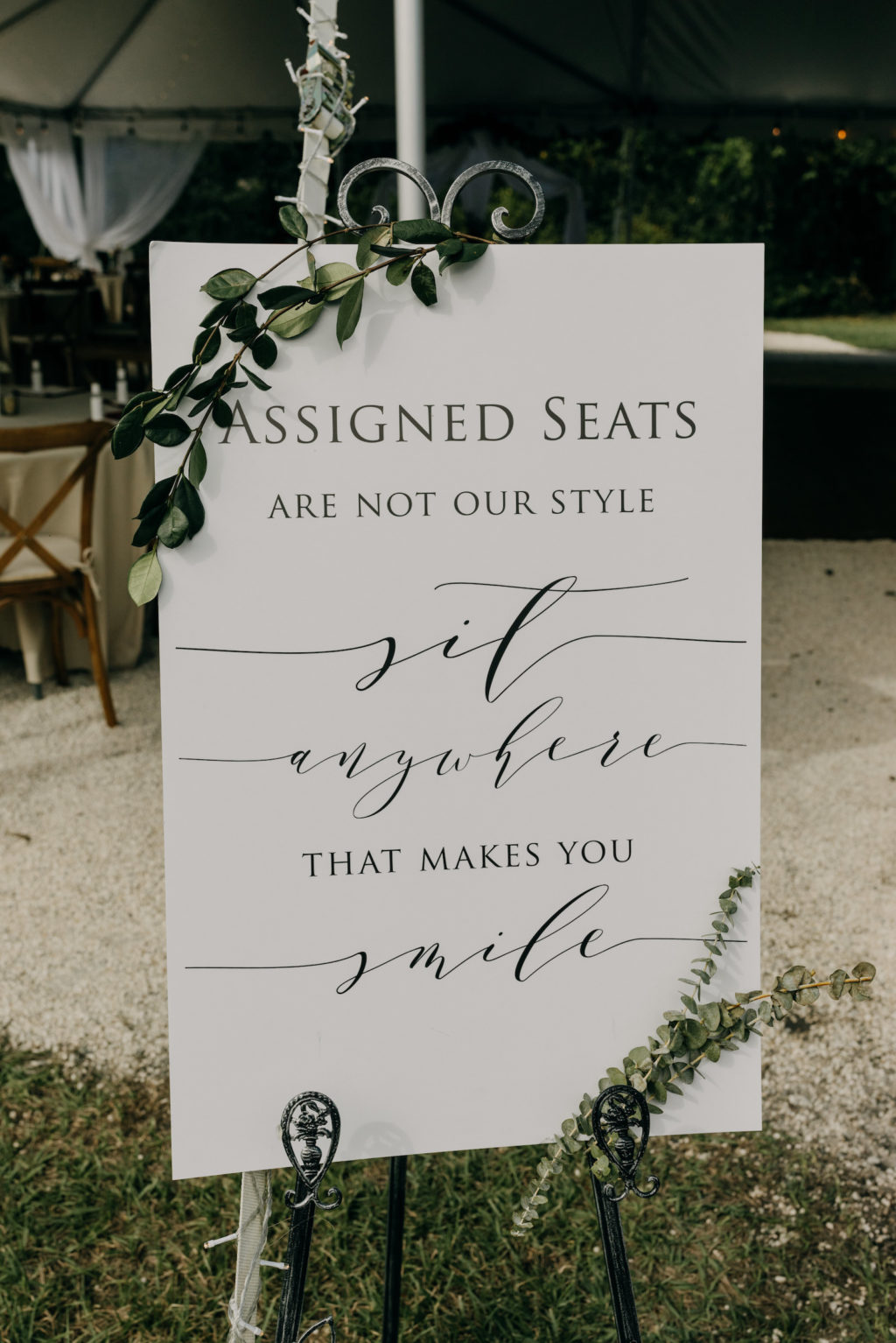 Garden Themed Wedding Reception Decor, White Unique Seating Signage with Greenery Garland | Tampa Bay Wedding Photographer Amber McWhorter Photography
