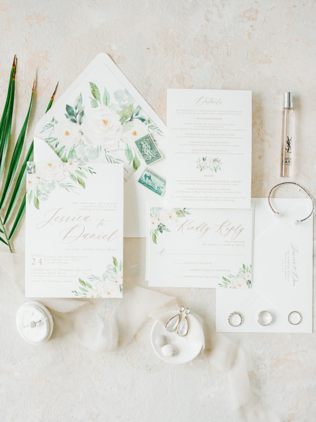 Classic Floral and White Wedding Invitation Suite with Bridal Accessories