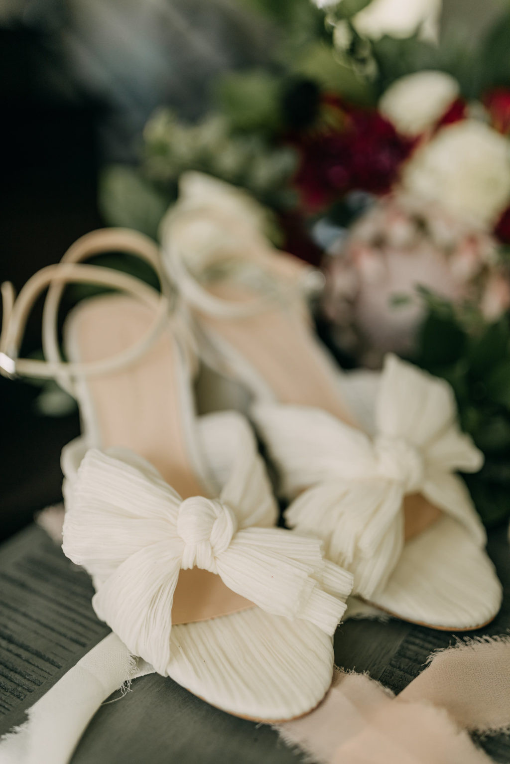 Ivory Crinkly Taffeta Fabric Penny Mules Bow with Ankle Straps Loeffler Randall Camellia Sandals Wedding Shoes | Tampa Bay Wedding Photographer Amber McWhorter Photography