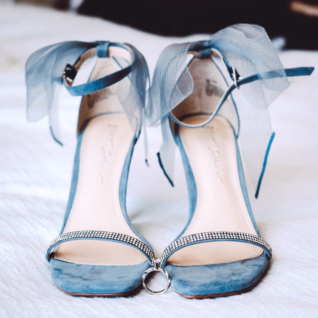 Betsey Johnson Velvet Blue Strappy Sandal Wedding Heels with Bow and Rhinestone Strap, Bride Something Blue | Tampa Bay Wedding Photographer Bonnie Newman Creative