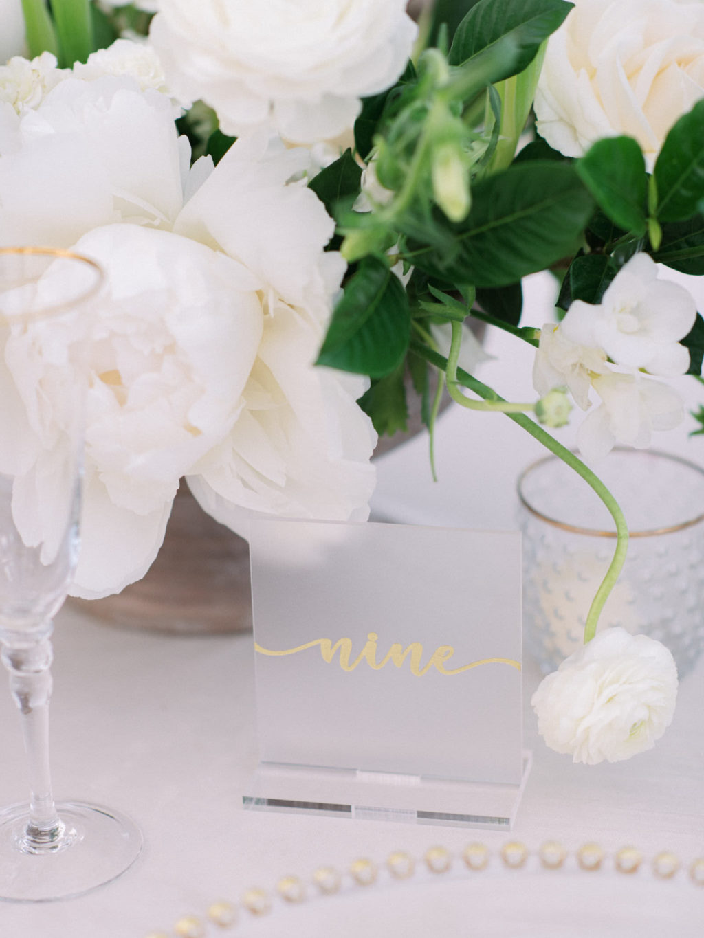 Luxurious Elegant Florida Classic Wedding Reception Decor, Frosted Acrylic and Gold Table Number, White Roses and Greenery Floral Centerpiece