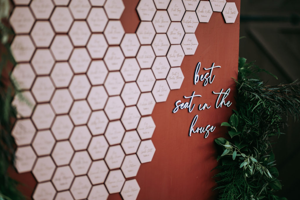 Unique Wedding Reception Decor, Burnt Orange Wall with Geometric Tiles Seating Chart, Laser Cut "Best Seat in the House"