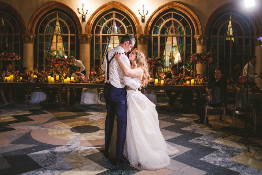 Bride and Groom First Dance during Outdoor Historic Mansion Ca'd'Zan Ringling Tampa Sarasota Wedding Reception
