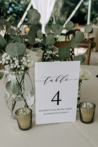 Garden Inspired Wedding Reception Decor, White and Black Cardstock Table Number Signage, Eucalyptus and Babys Breath Single Stem Floral Centerpieces | Tampa Bay Wedding Photographer Amber McWhorter Photography | Wedding Florist Brides & Blooms